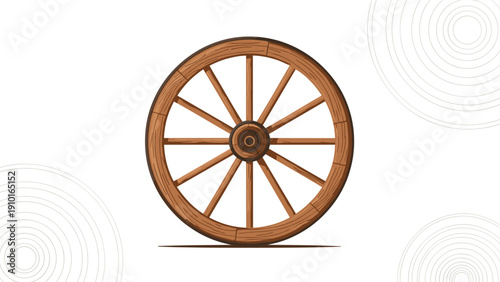 Traditional wooden wagon wheel illustration features a rustic design with spokes and textured grain against a clean white background.