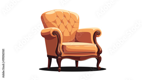 Vintage leather armchair with tufted upholstery and ornate wooden legs provides a classic furniture piece for traditional interior design.