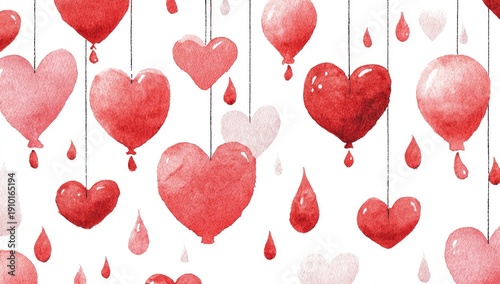 Watercolor hearts and dripping blood splatters on a white background