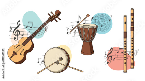 Diverse set of musical instruments including a cello, drums, and flutes are presented with musical notes and artistic colored shapes.