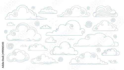 A collection of stylized, decorative clouds in a traditional Asian line art style, perfect for oriental-themed designs.
