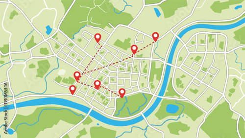 A simple, flat vector map of a city with streets, a river, and green areas, marked with several red location pins.