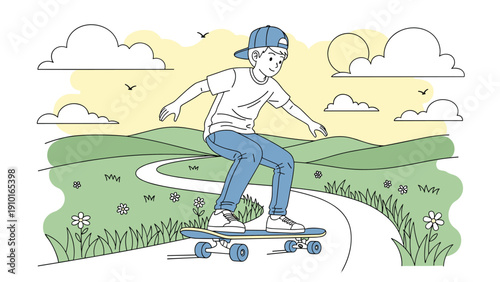 Line art illustration of a happy boy with a cap skateboarding down a winding path through a beautiful green landscape.