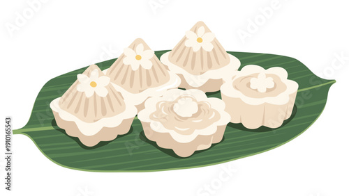 A beautiful illustration of traditional Thai or Southeast Asian sweets in cone and flower shapes, served on a green banana leaf.