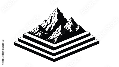 Black and white isometric illustration of a mountain peak standing on tiered levels symbolizes success, achievement, and climbing higher.