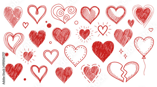 Set of various scribble heart shapes, broken heart, and heart balloon sketches.