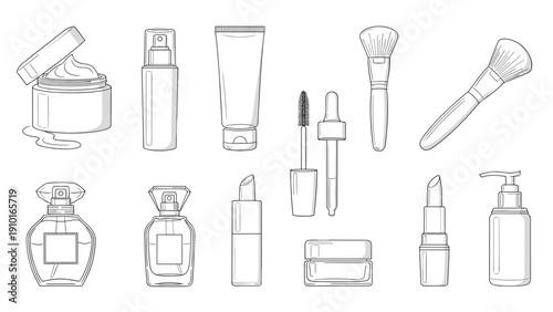 A collection of elegant, minimalist line art illustrations of various cosmetic and beauty products like cream, perfume, and lipstick.