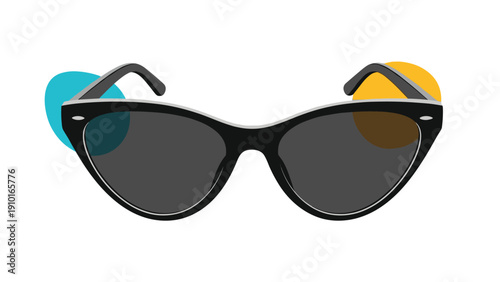 Stylish black cat-eye sunglasses are presented with blue and yellow circular accents for a trendy fashion accessory for summer.