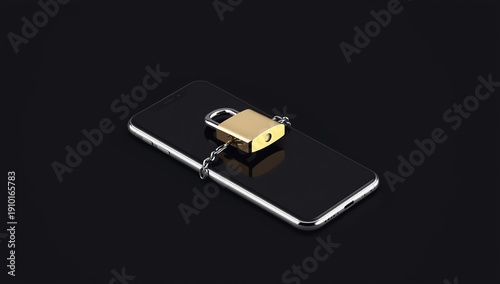 A mobile phone locked by a metal chain and a golden padlock on a black background