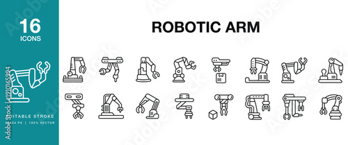 Robotic Arm icon set. Includes robotic, arm, robot, automation, manufacturing and More. Editable Stroke Icon Collection.