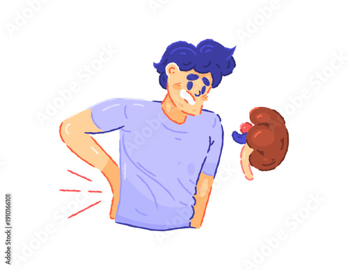 Illustration of a man feeling pain in his lower back due to kidney failure. Stomach or lower back pain. Kidney disease symptoms. Internal organ health problems. Expression, pose, gesture. Flat outline