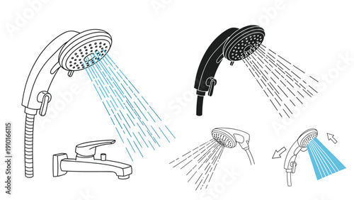 Different shower head designs and water spray patterns are illustrated in line art style for bathroom fixture and plumbing concepts.