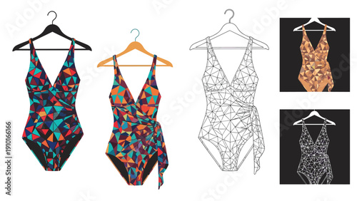 Geometric polygonal swimsuits in vibrant colors are displayed with wireframe and solid variations for creative swimwear design concepts.