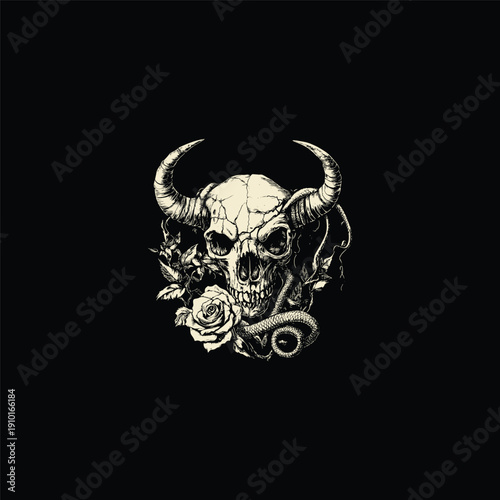 Vintage engraving style illustration of a cracked horned skull intertwined with a blooming rose and a coiled snake