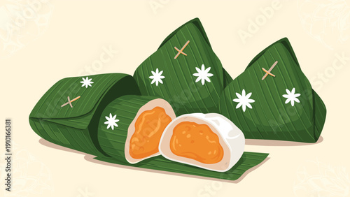 Illustration of traditional Asian mochi or rice cakes with a sweet filling, wrapped in decorated green banana leaves.