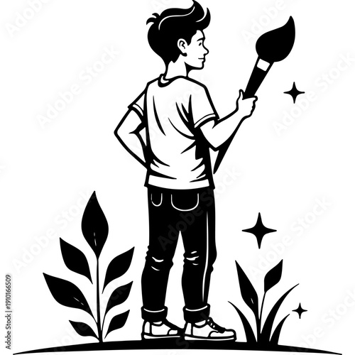 Sketchy emblem of a student artist ready to draw. Engraving minimalistic vector in black ink drawing on transparent background