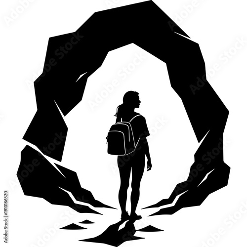 Sketchy emblem of girl tourist at the entrance to a cave. Engraving minimalistic vector in black ink drawing on transparent background