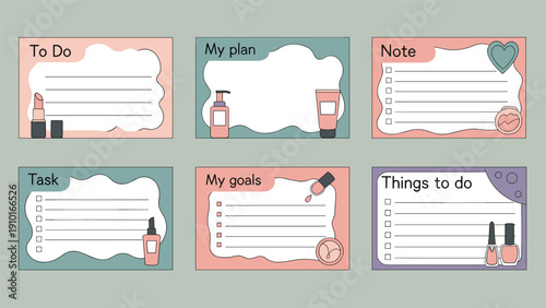 A collection of stylish printable planner note cards for to-do lists and goals, decorated with minimalist cosmetic icons.