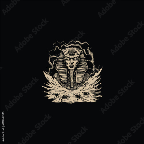 Vintage engraving style illustration of a powerful Egyptian Pharaoh mummy rising with a menacing expression, surrounded by electrical energy bolts and a swarm of large spiders