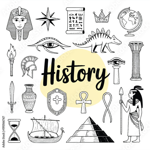 Hand-drawn history doodle illustration featuring the word “History” in bold lettering centered on a soft beige shape, surrounded by ancient civilization symbols