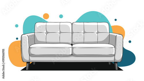 Modern grey fabric sofa with tufted cushions and dark wooden legs is presented against a playful abstract background for home decor.