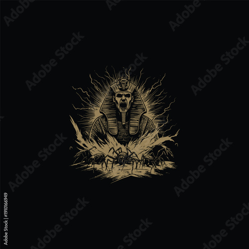 Vintage engraving style illustration of a powerful Egyptian Pharaoh mummy rising with a menacing expression, surrounded by electrical energy bolts and a swarm of large spiders