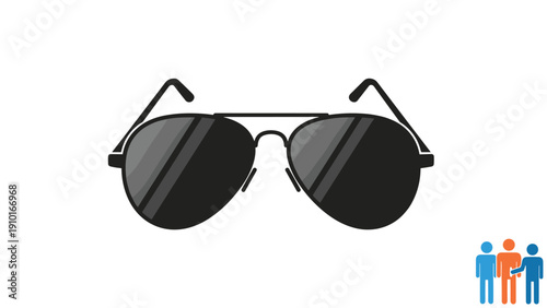 Classic black aviator sunglasses with silver accents are shown against a white background with a small icon of diverse people.