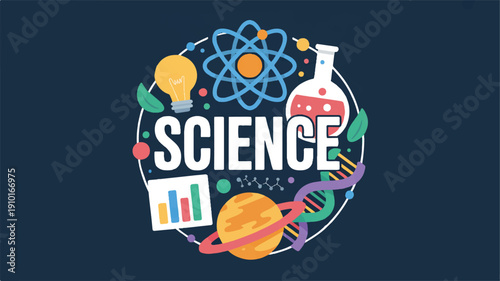 Flat design circular graphic with interconnected gears and direModern flat science concept illustration featuring the word “Science” in bold typographyctional arrows, illustrating a mechanical process