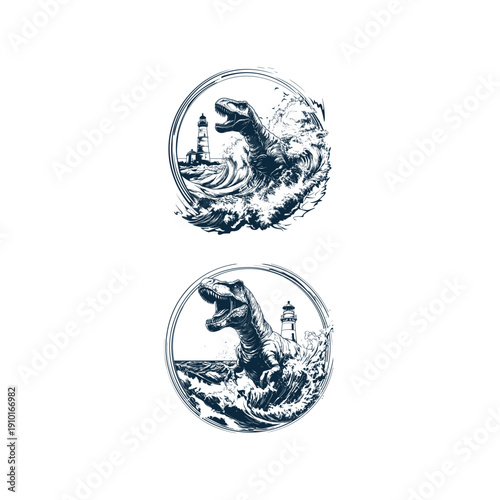 Vintage engraving style illustration of a Tyrannosaurus Rex emerging from powerful crashing ocean waves near a lighthouse