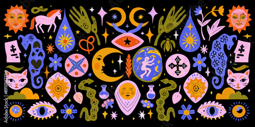 A vibrant whimsical illustration featuring celestial and mystical symbols