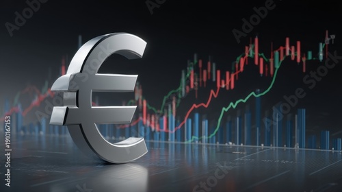 A large metallic Euro currency symbol stands prominently with a stylized financial chart featuring candlestick bars and 