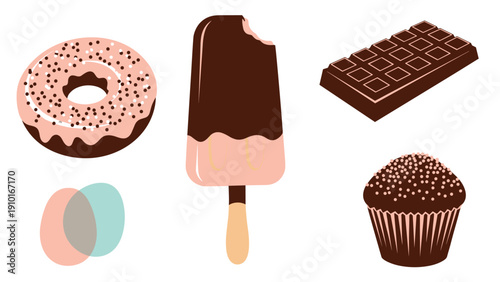 Selection of delicious sweet treats including a donut, popsicle, chocolate bar, and cupcake are illustrated for food and snack themes.