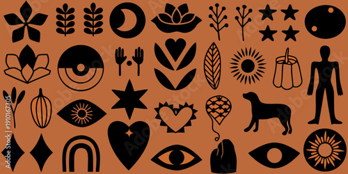 Collection of stylized black symbols and shapes on a terracotta background