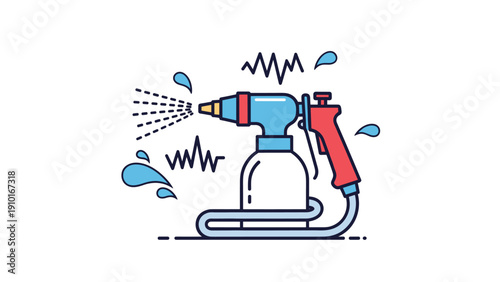 Industrial paint sprayer with a nozzle and pressure tank is shown with liquid splashes for a diy, home renovation, or workshop theme.