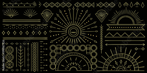 Art deco inspired golden geometric patterns and ornamental elements