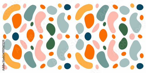 Abstract arrangement of colorful organic shapes on a white background