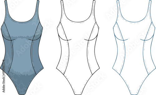 One-Piece Swimsuit CAD Drawing – Front and Back Fashion Template
