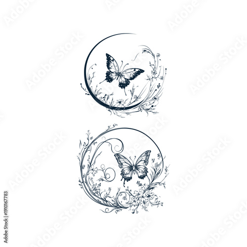 Vintage engraving style illustration set of two delicate butterflies enclosed within circular frames of elegant floral vines and botanical flourishes