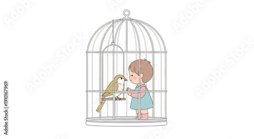 A Gentle Child Offers Seed to a Small Bird Inside a Cage