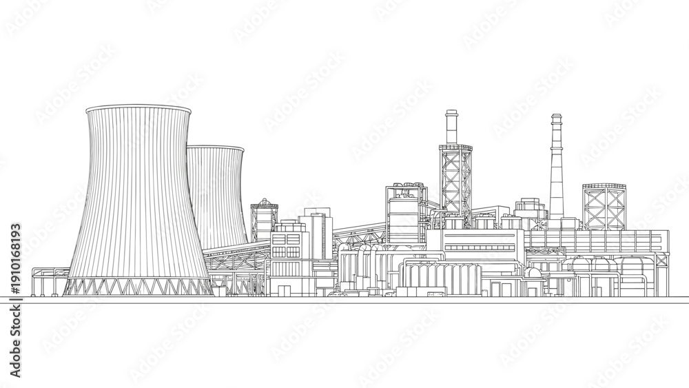 Obraz premium Detailed black and white outline illustration of a large industrial complex featuring cooling towers and processing facilities.