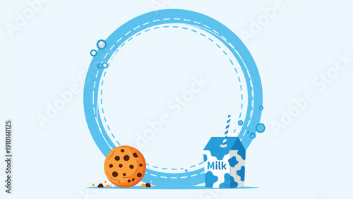 Circular frame with a chocolate chip cookie and a carton of milk, creating a cute and simple border design for text or photos.