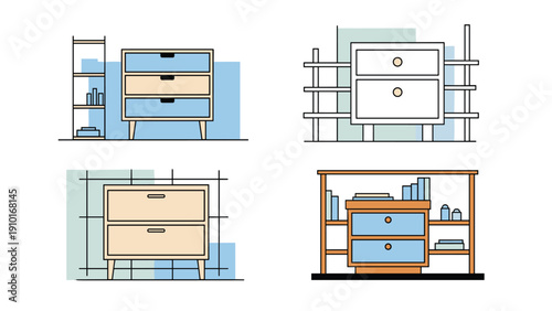 Set of four modern chest of drawers illustrations in various colors and styles for interior design and furniture concepts.