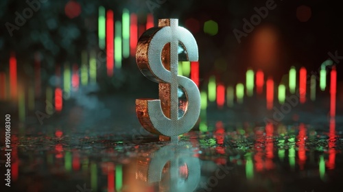 A large silver dollar sign with metallic finish stands prominently against a red and green stock market chart background