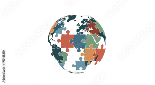 Illustration of a globe composed of colorful puzzle pieces, symbolizing global tourism resilience and comeback, with a vector icon style on a clean white background.