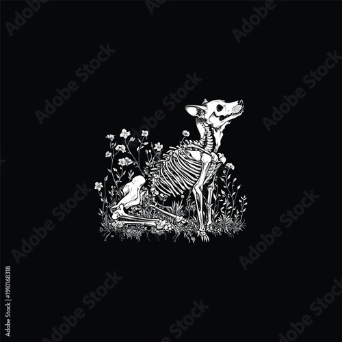 Vintage engraving style illustration of a canine skeleton sitting amidst a field of delicate wildflowers