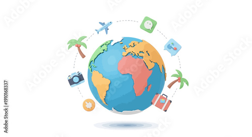 Illustration of a globe surrounded by travel-related icons, symbolizing global tourism resilience and comeback, with a colorful and vibrant design.