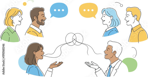 Diverse group of six people engaged in active conversation and open dialogue sharing ideas through speech bubbles in a modern communication illustration