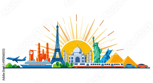 Illustration of global tourism resilience concept with iconic landmarks, transportation, and a sunny backdrop, symbolizing travel comeback and safety.