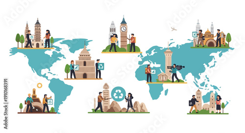 Illustration of a global tourism comeback concept featuring a world map with iconic landmarks and people engaging in travel activities.