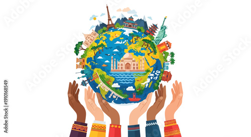 Illustration of diverse hands holding up a globe with iconic landmarks and transportation symbols, representing Global Tourism Resilience Day and travel comeback concept.